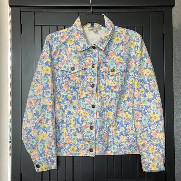 Woman Within Denim Jacket Womens 16W Floral Blue Pastel Jean Cottagecore Y2K - Picture 1 of 6